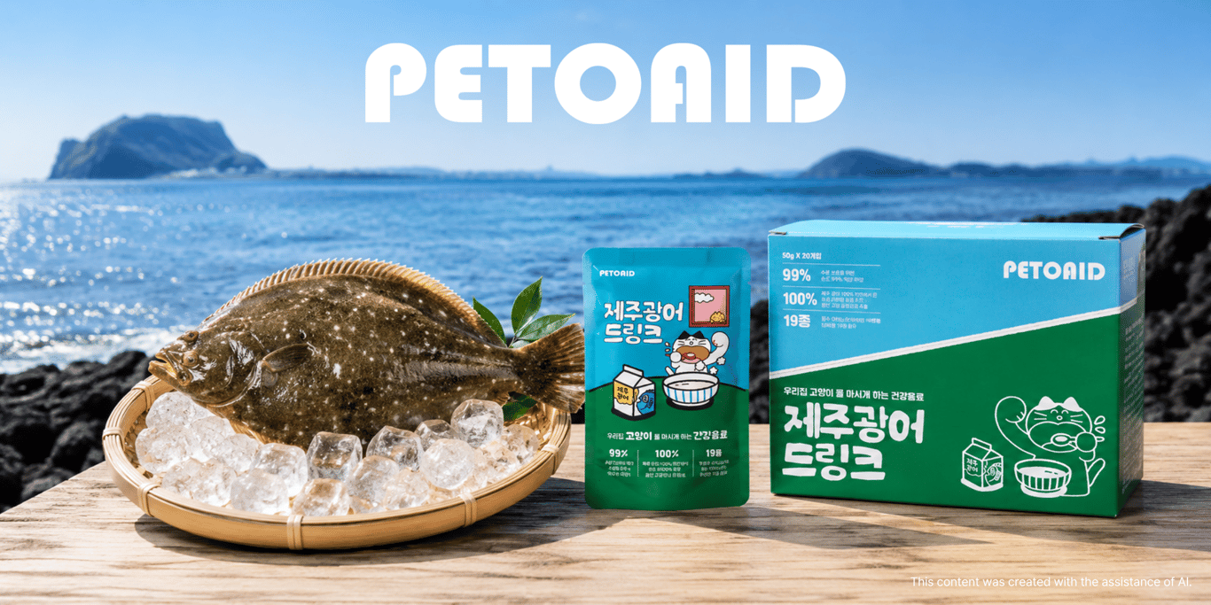 PETOAID’s Jeju Flounder Drink is a feline hydration broth made with Jeju olive flounder, designed to support cats’ voluntary water intake and daily wellness.
AI-assisted visual courtesy of HUFS GTEP Team WON:DER.  