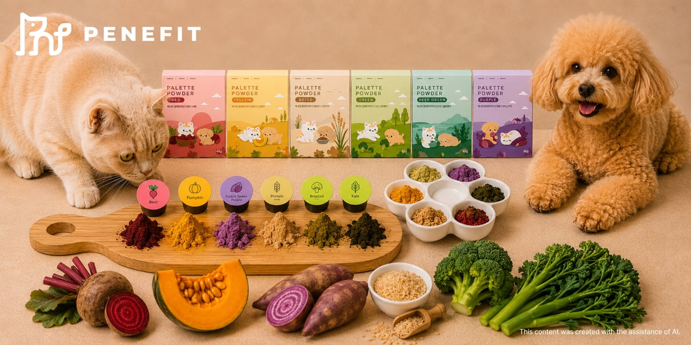 PENEFIT’s Palette Powder is a capsule-format powder topper for cats and dogs, offering individually sealed natural ingredient options for daily supplementation.
AI-assisted visual courtesy of HUFS GTEP Team WON:DER.  